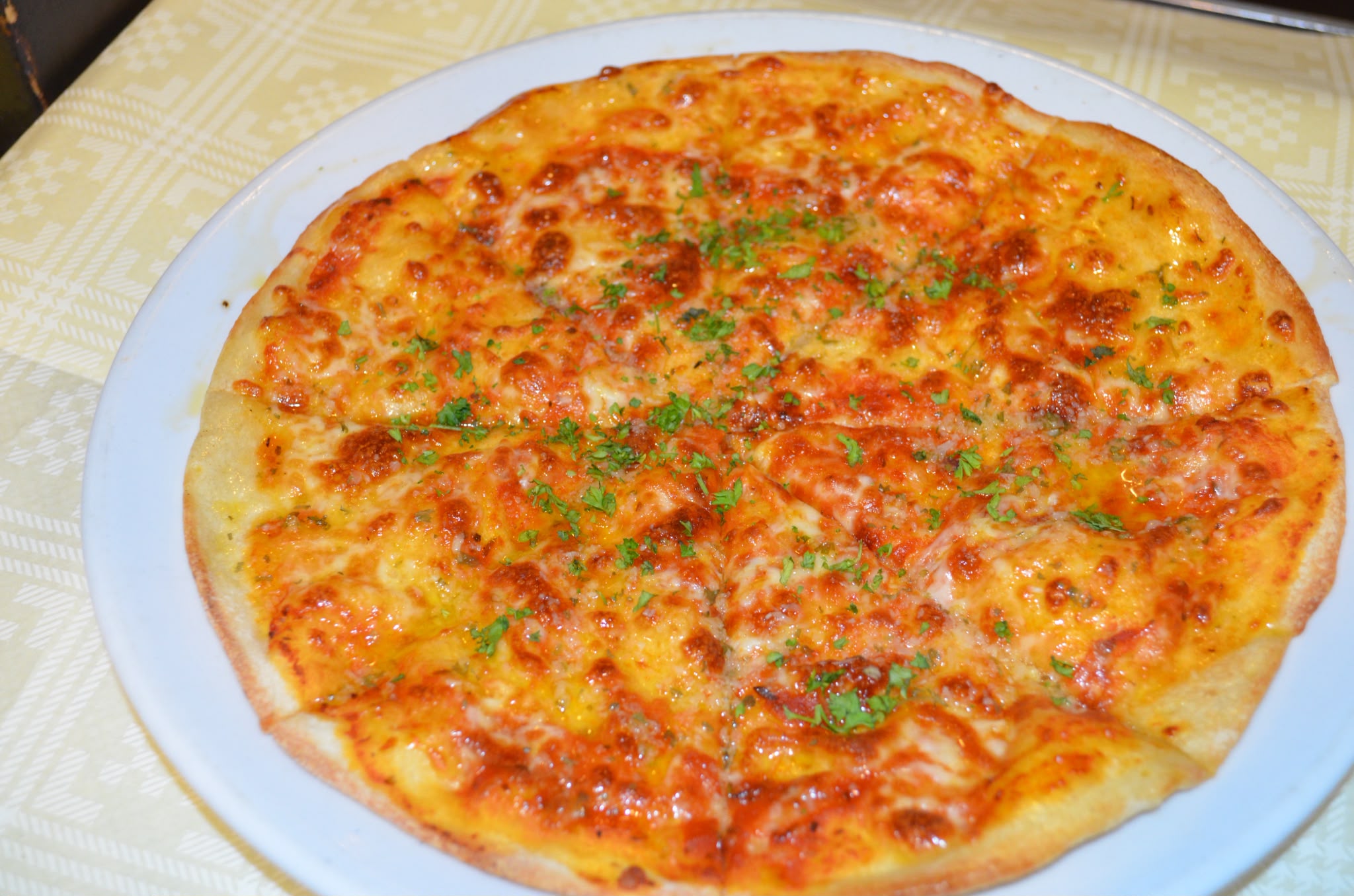 Cheese and tomato pizza sprinkled with fresh parsley on a white plate